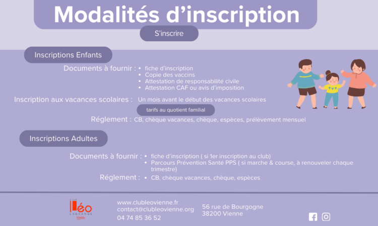 modalités d'inscriptions pour les enfants et les adultes avec les documents a fournir, les inscriptions aux vacances scolaires, le règlement